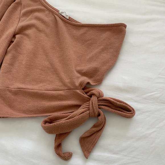 Soft brown one shoulder tie crop top - Picture 3 of 3